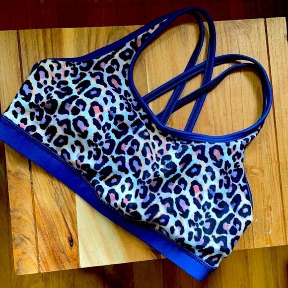 Wear It To Heart Blue Leopard Sports Bra - Picture 1 of 9